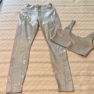 Fabletics Shimmering Silver Leggings + Sports Bra Set